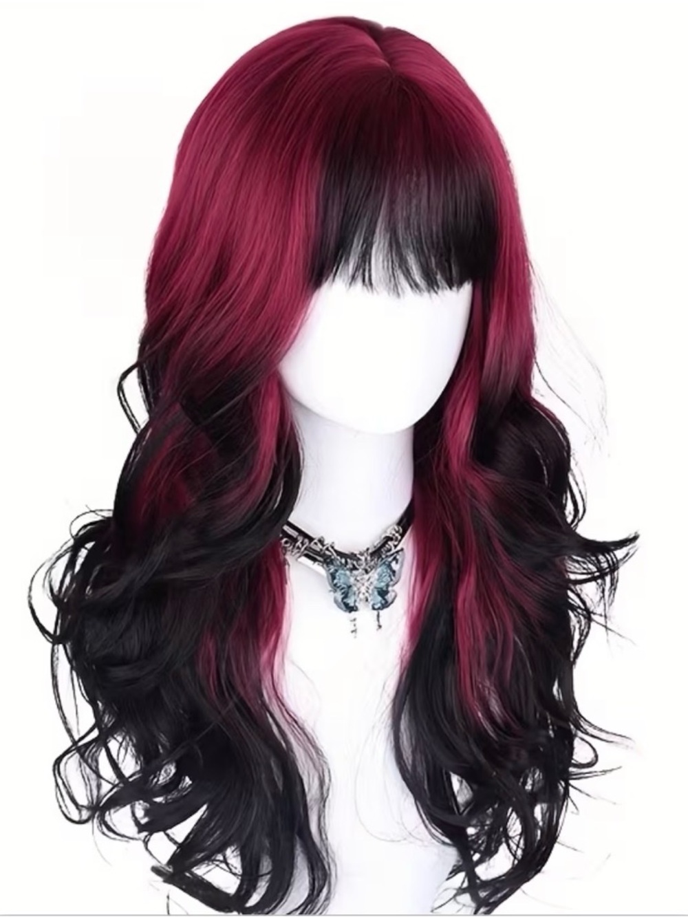 Women’s Two-Tone Burgundy & Black Long Wavy Wig with Bangs